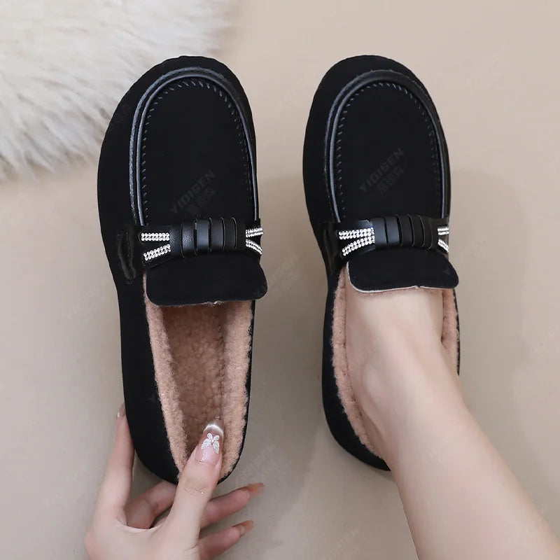 Women Winter Casual Shoes New Soft Flat Non-slip Loafers Fashion Comfort Warm Plush Slip on Female Cotton Shoes