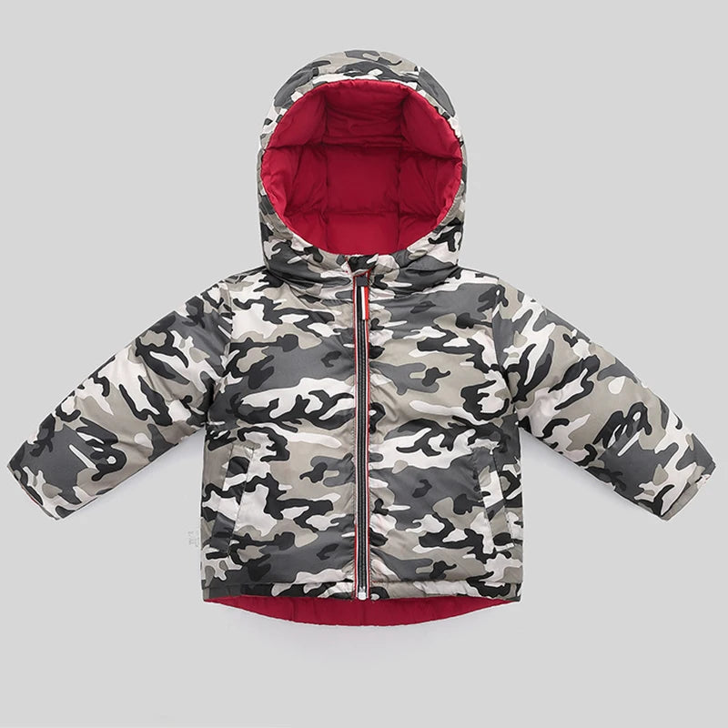 Winter Boys Down Jackets Thicken Warm Double Sided Wear Hooded Kids Coat For 2-10 Years Children Outerwear Clothing