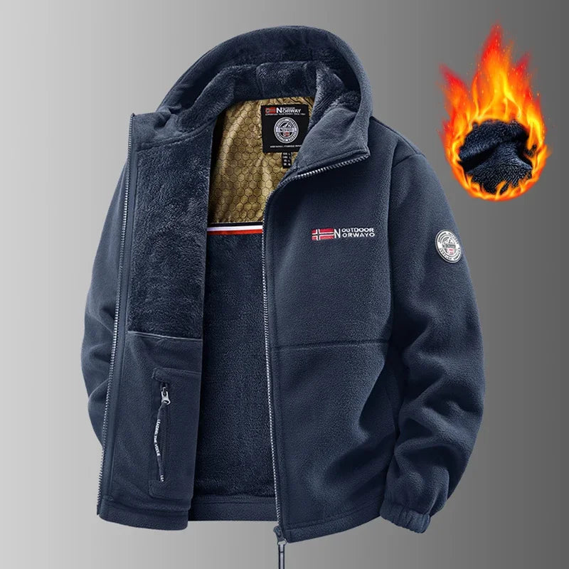 Men's Winter Fleece Jacket British Street Thickened Polar Fleece Hooded Jacket Casual Plus Size Cold-proof Warm Pocket Coat