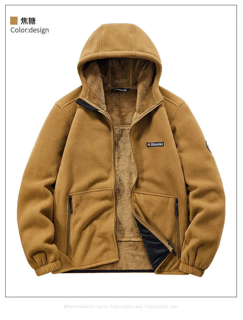 Men's Outdoor Sport Hooded Sweatshirt Jacket Warm Fleece Liner Windproof Softshell Inner Polar Fleece Coat with Zipper & Pockets