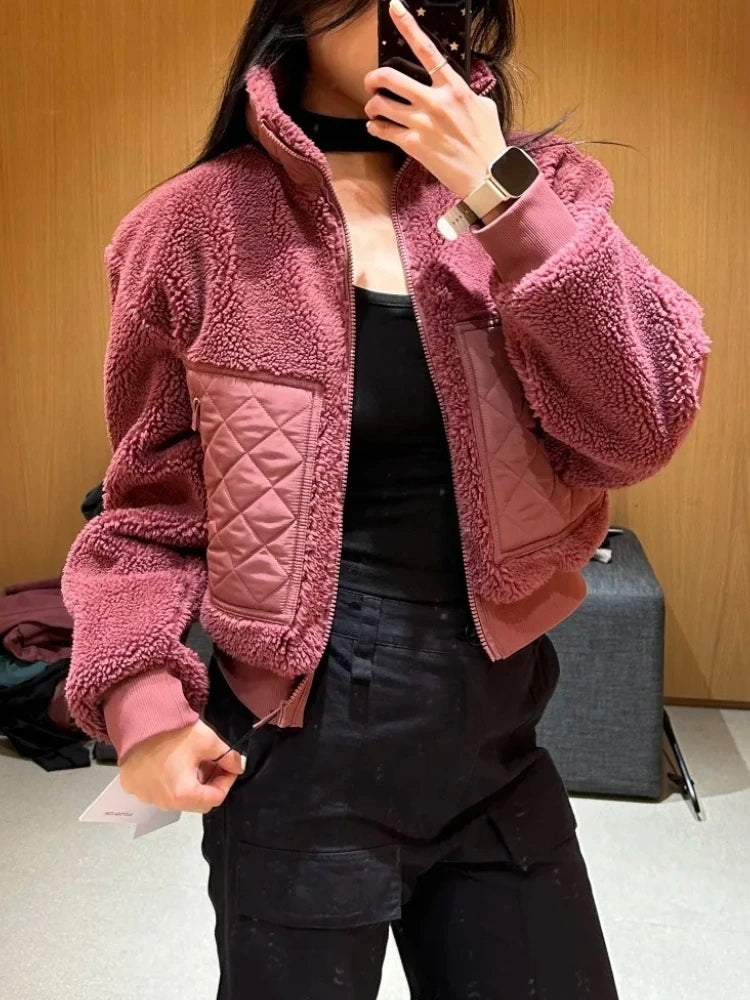 Winter Women‘s Lamb Fleece Jacket Casual Fashion Thick Warm Short Coat Stand Collar Zipper Loose Solid Long Sleeve Jackets Women