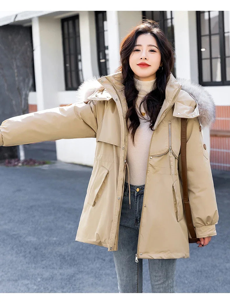 CJFHJE Parkas Winter Jackets Women Chaquetas Para Mujeres Waist Big Fur Collar Warm Down Jacket Outdoor Coat Abrigos De Plumas