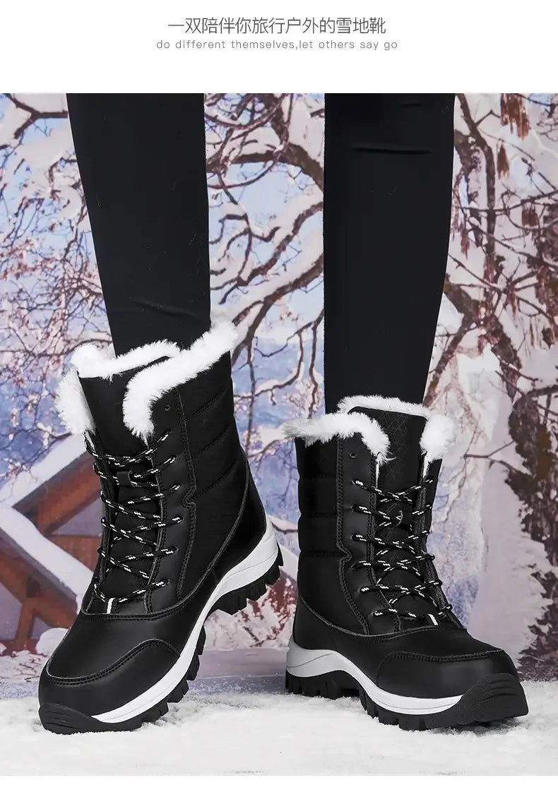 2025 Winter Women's Waterproof High Heel Boots Strap Up Flat Heel Boots Warm Snow Shoes, Plush Outdoor Fashion Casual Boots