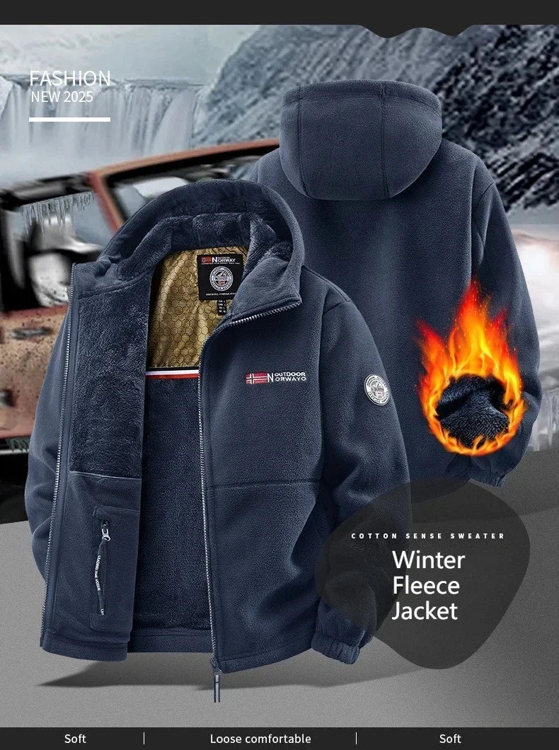 Men's Winter Fleece Jacket British Street Thickened Polar Fleece Hooded Jacket Casual Plus Size Cold-proof Warm Pocket Coat