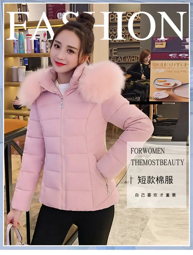 Fashion Winter Jacket Women 2025 New Korean Big Fur Collar Hooded Thick Down Parkas Female Short Coat Slim Warm Outerwear R047