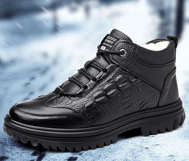 Snow Boots for Men Black High Top Lace Up Leather Winter Shoes Man Waterproof Casual Fashion Footwear Quality Fleece New in Fur