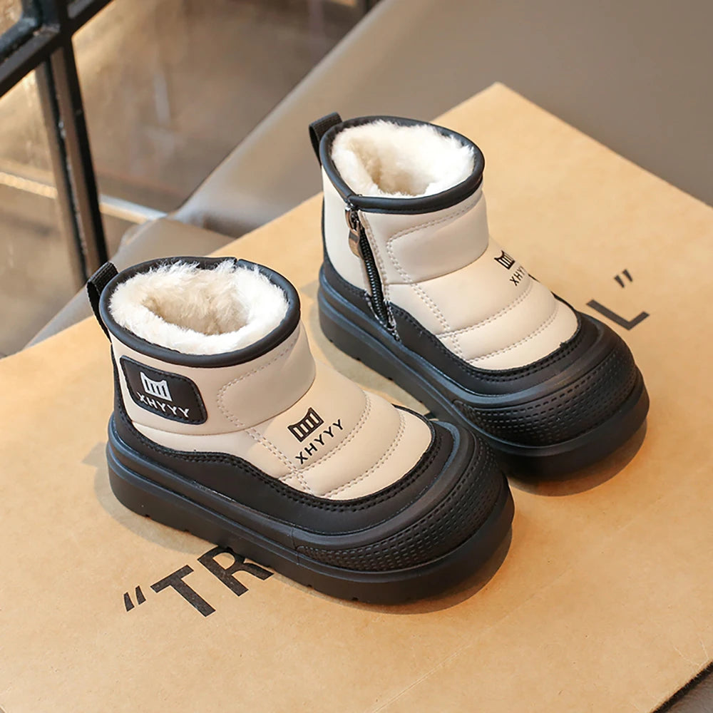 PU Leather Snow Boots For Children Waterproof Thick Warm Girl's Plush Boots Faux Fur Winter Cotton Shoes For Teenager Kids