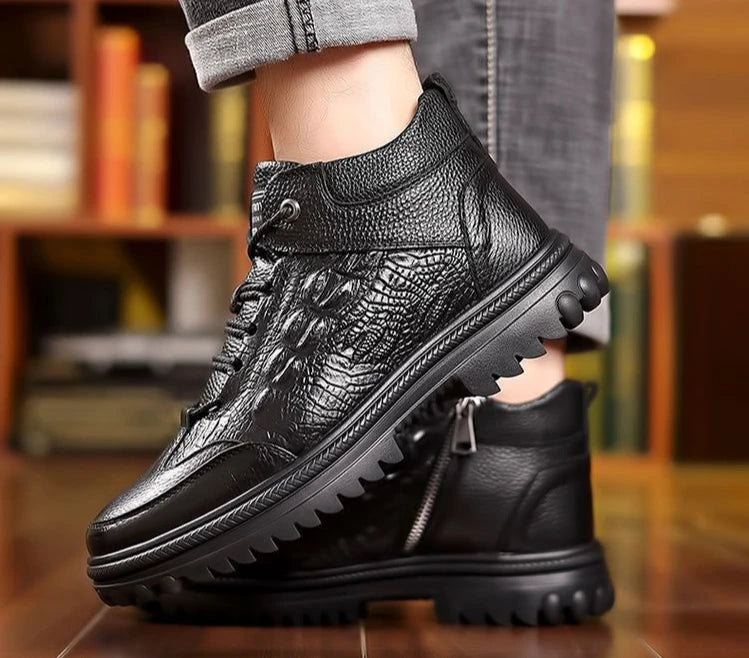 Snow Boots for Men Black High Top Lace Up Leather Winter Shoes Man Waterproof Casual Fashion Footwear Quality Fleece New in Fur