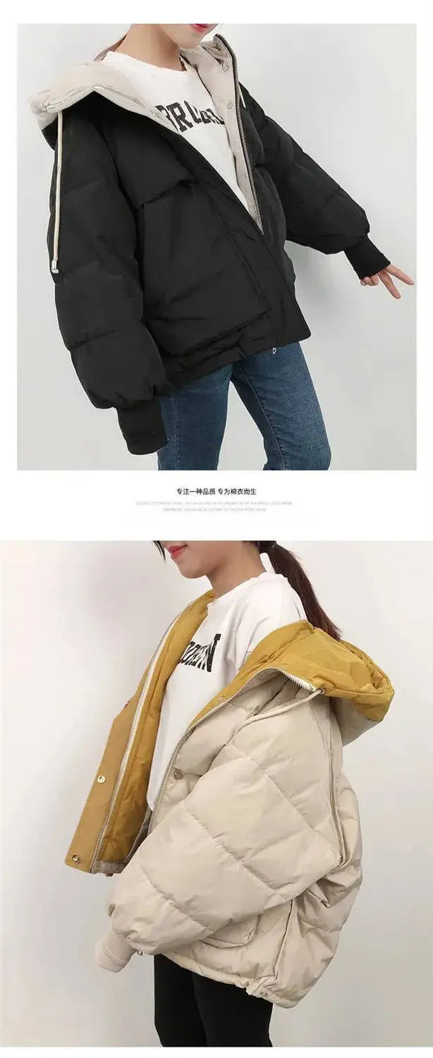 2024 Winter Korean Warm Female Puffer Coat Pocket Solid Parkas Padding Long Sleeve Thick New in Outerwears Hooded Women's Jacket