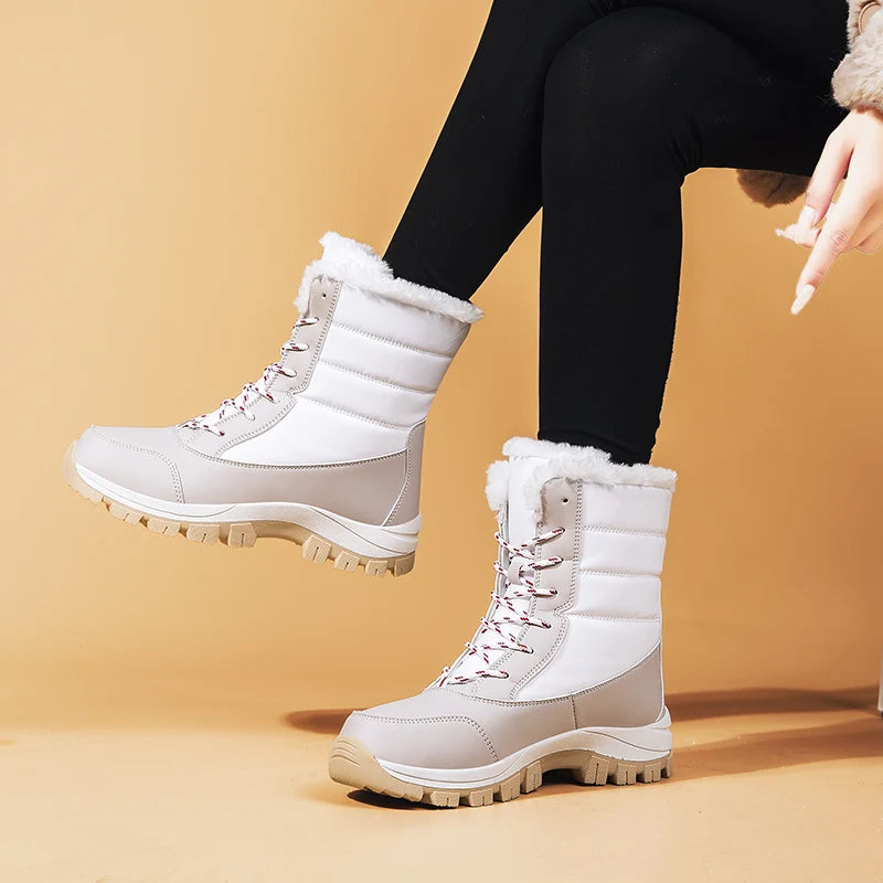 2025 Winter Women's Waterproof High Heel Boots Strap Up Flat Heel Boots Warm Snow Shoes, Plush Outdoor Fashion Casual Boots