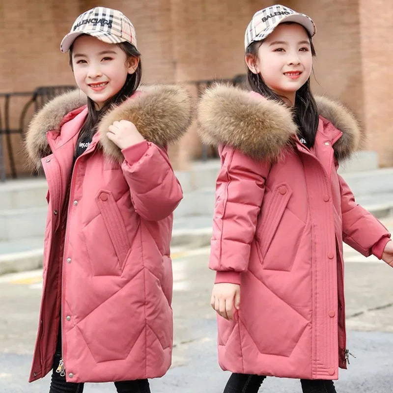 Winter Warm Jackets for Girls Two Colors Faux Fur Hooded Coat Kids White Duck Down Parkas Children Cotton Long Outwear