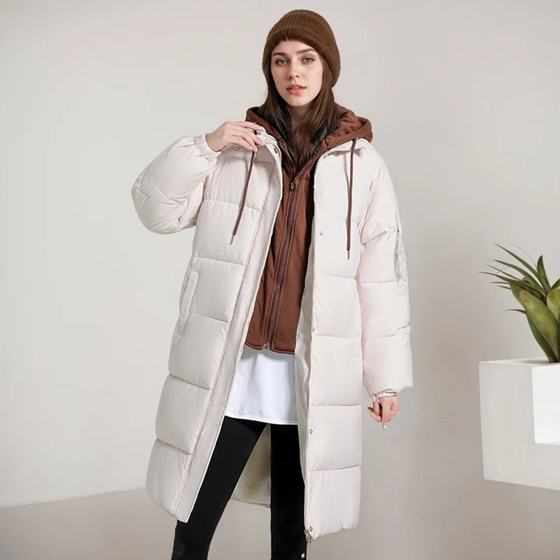 Winter Women Jacket Casual Loose Cotton-padded Knitted Hat Long Overcoat Fashion High Quality Fake Two Pieces Hooded Long Coat