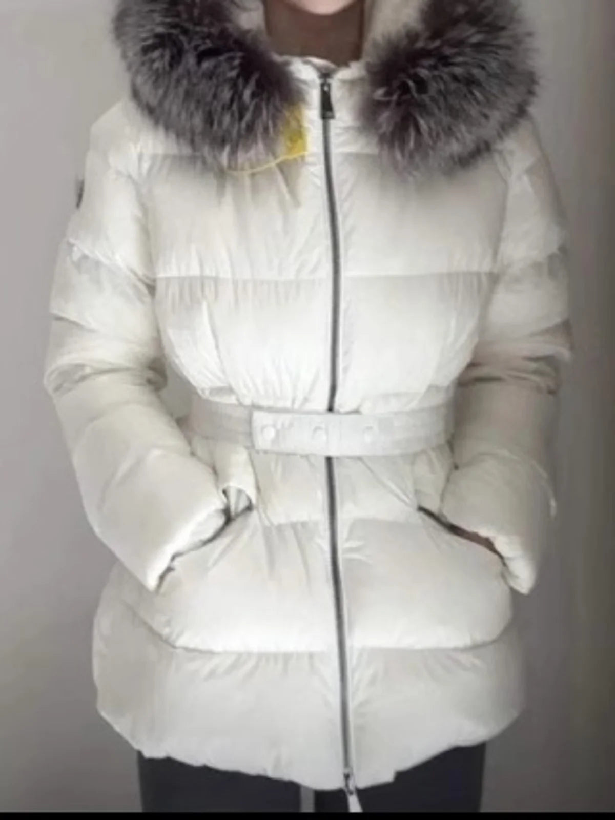 Winter Big Fur Collar Hooded Thickened Warm Jacket Korean Fashion Belt Slim Jacket Women Office Lady Solid Color Versatile Coat