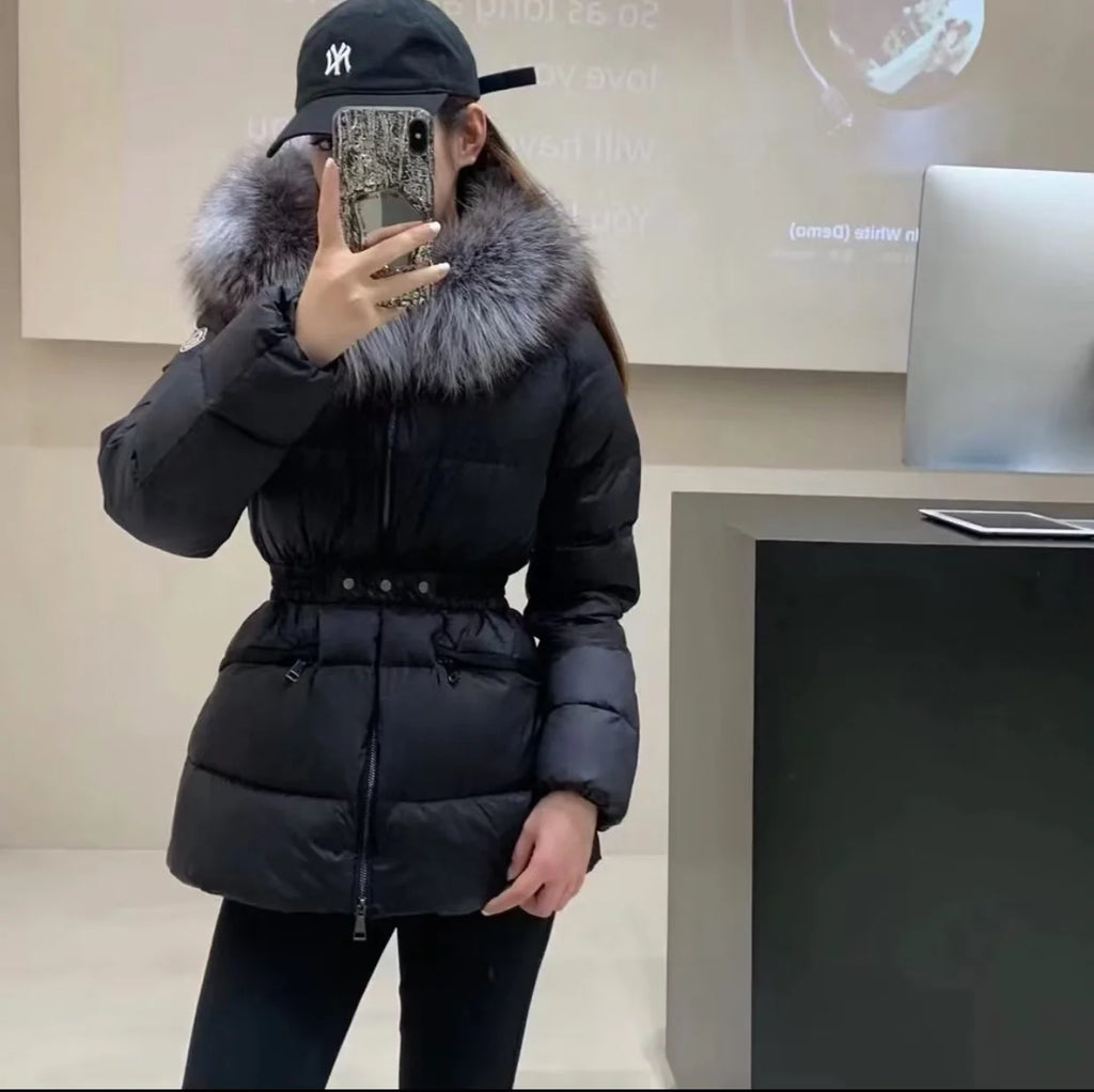 Winter Big Fur Collar Hooded Thickened Warm Jacket Korean Fashion Belt Slim Jacket Women Office Lady Solid Color Versatile Coat