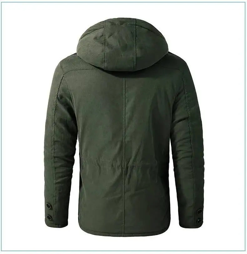 2025 Winter Men's American Fashion Versatile Hooded Cotton Jacket Thickened Multi Pocket Casual Simple Medium Length Top Coats