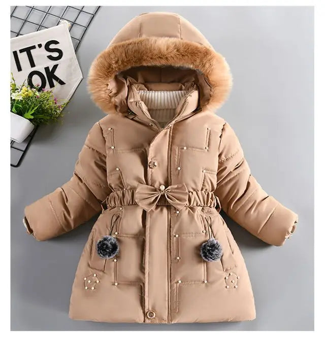 Thick Keep Warm Winter Girls Jacket Detachable Hat Plush Collar Hooded Padded Lining Coat For Kids Children Birthday Present