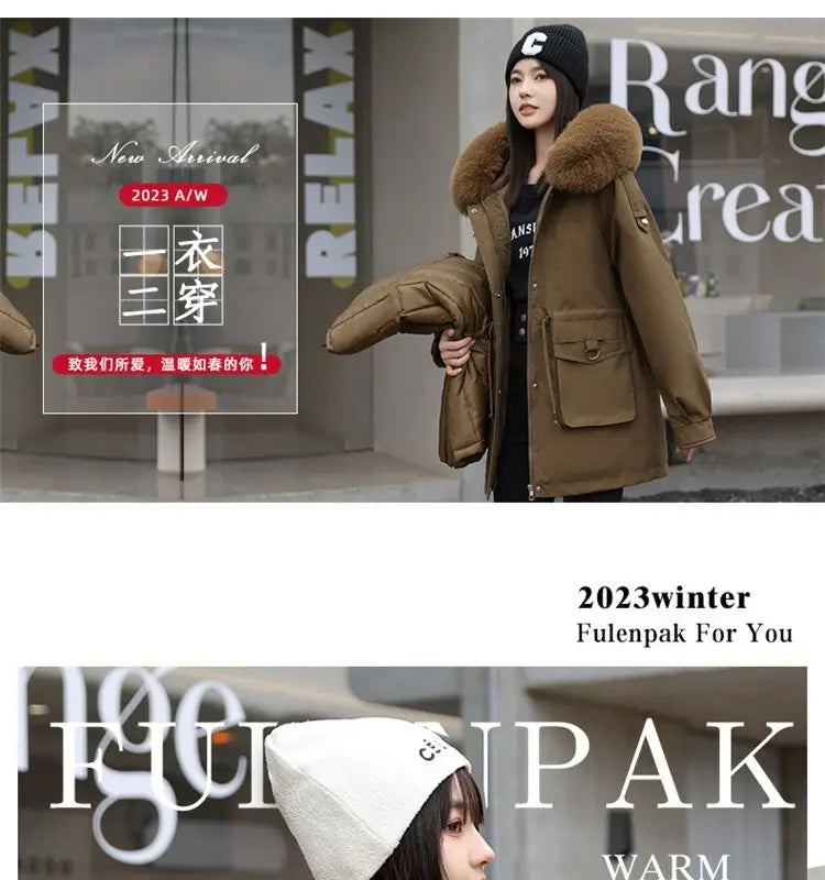 Winter Coat 2024 New Thicken Parker Women's Warm Detachable Inner Down Cotton Jacket Female Loose Warm Hooded Parkas Overcoat