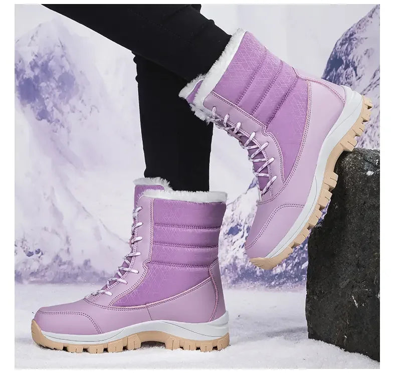2025 Winter Women's Waterproof High Heel Boots Strap Up Flat Heel Boots Warm Snow Shoes, Plush Outdoor Fashion Casual Boots