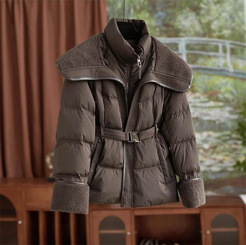 2025 New Winter Jacket Coat Female Parkas Fashion Lamb Wool Double Collar Short Belt Warm Down Cotton Jacket Women Outerwear Top