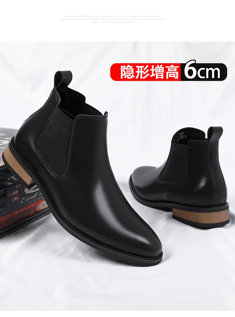 Winter New Men's Boots Genuine Leather Luxury Chelsea Boots Hidden Heels 6CM Height Increasing Shoes Man Outdoor Keep Warm Boots