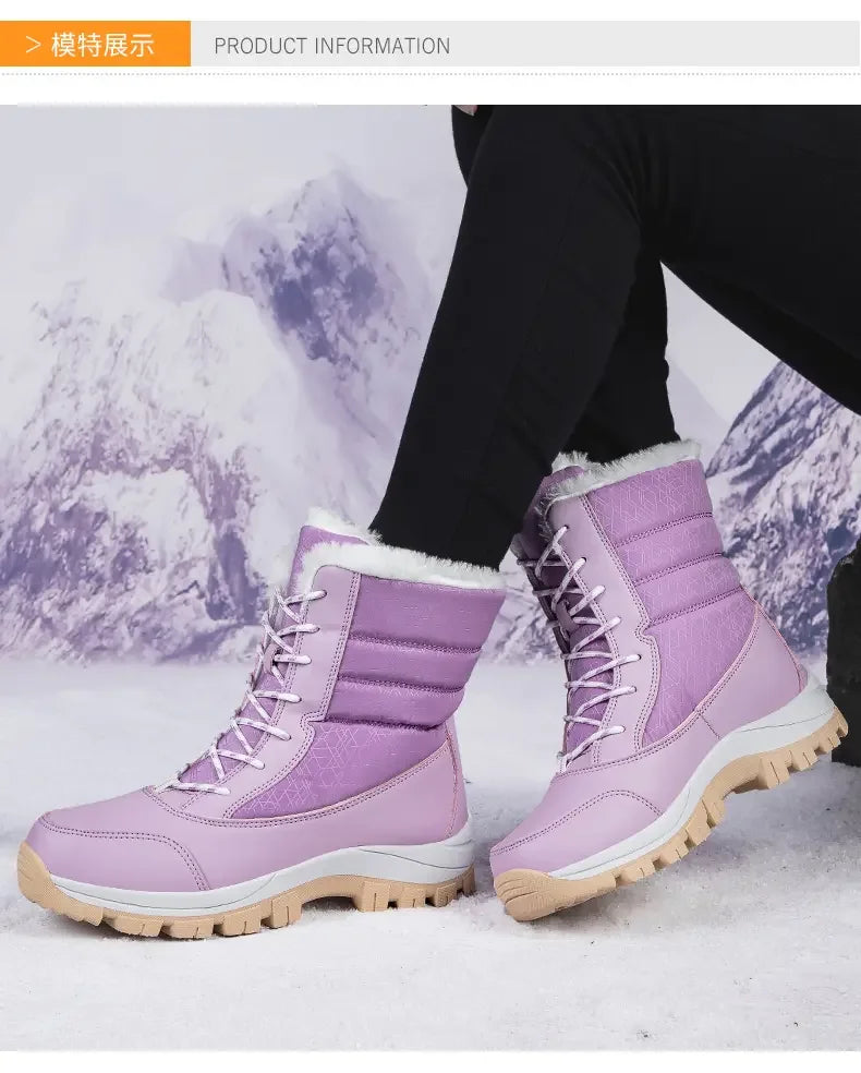 2025 Winter Women's Waterproof High Heel Boots Strap Up Flat Heel Boots Warm Snow Shoes, Plush Outdoor Fashion Casual Boots