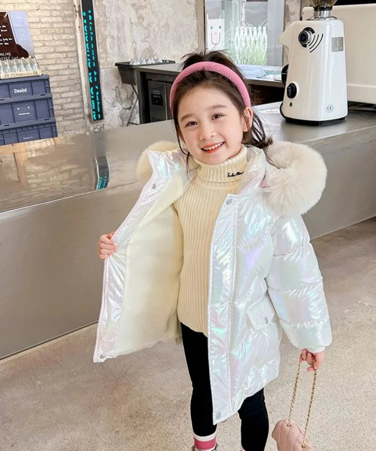 Winter Girls Down Jacket with Faux Fur Lining - Thermal Insulation Windproof Stain Resistant Coat for Medium To Large Kids