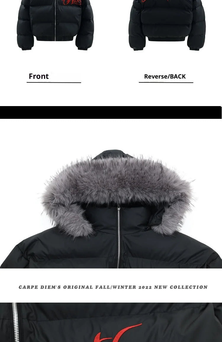 Winter Jacket Men Women Loose Thick Warm Bomber Cotton Hooded Coat Detachable Fur Collar Embroidered Design Outdoor Windproof