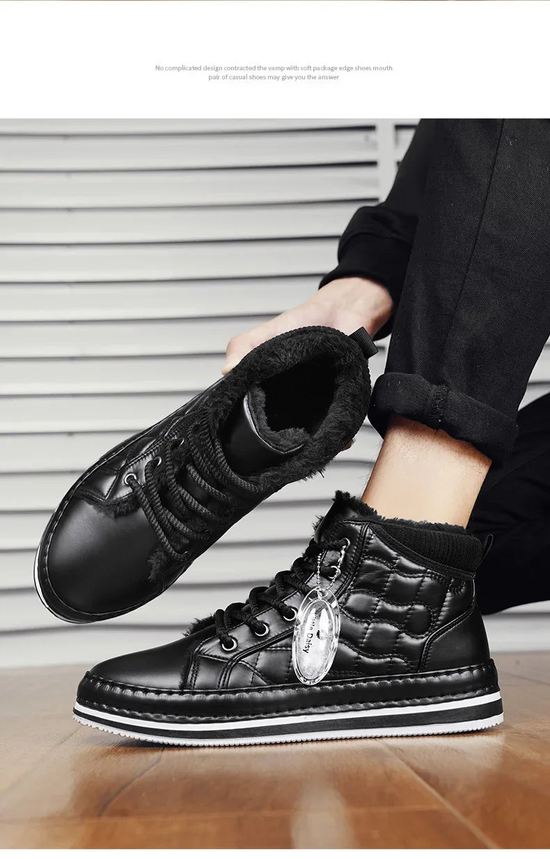 Winter New Shoes for Men Fur Boots High Tops Leather Warm Plush Casual Shoes Outdoor Snow Boots