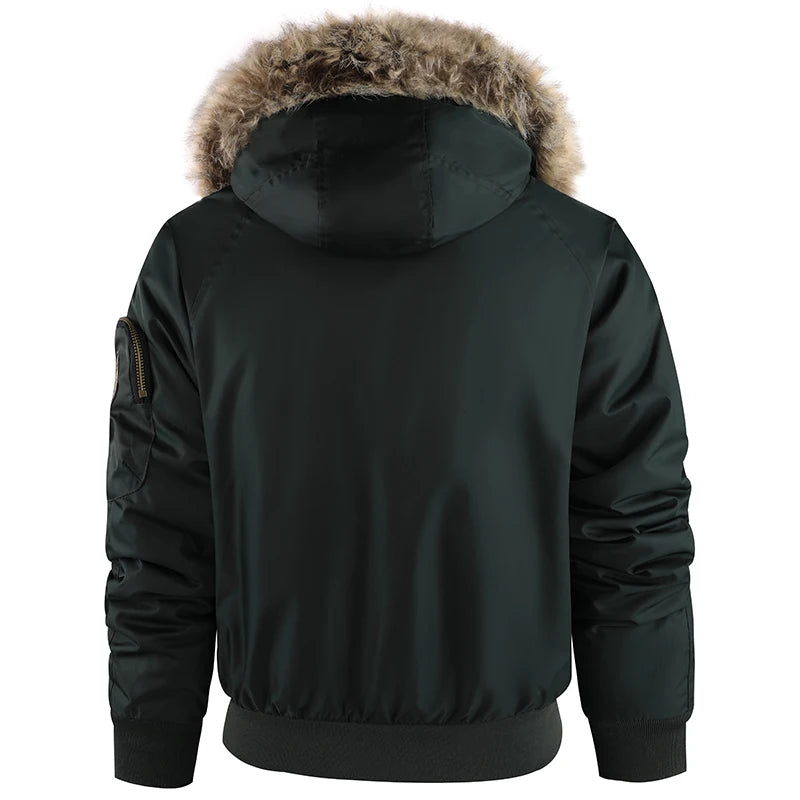 Winter Men's Black Padded Jacket Removable Hood Durable Windproof Fabric Embroidery Decorative Side Pockets Sleeve Zipper