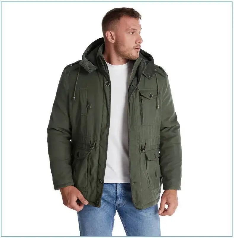 2025 Winter Men's American Fashion Versatile Hooded Cotton Jacket Thickened Multi Pocket Casual Simple Medium Length Top Coats