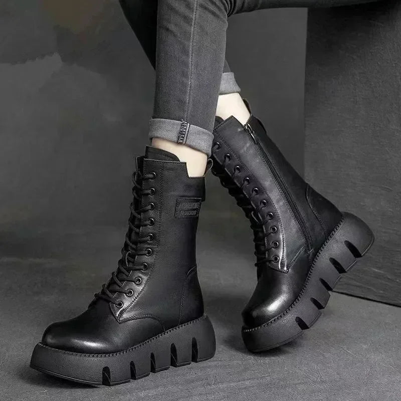 Winter Leather Women Boots 2025 Short Plush Mid-heel Snow Boots Lace Up Warm Lady Platform Biker Ankle Boots for Women Shoes