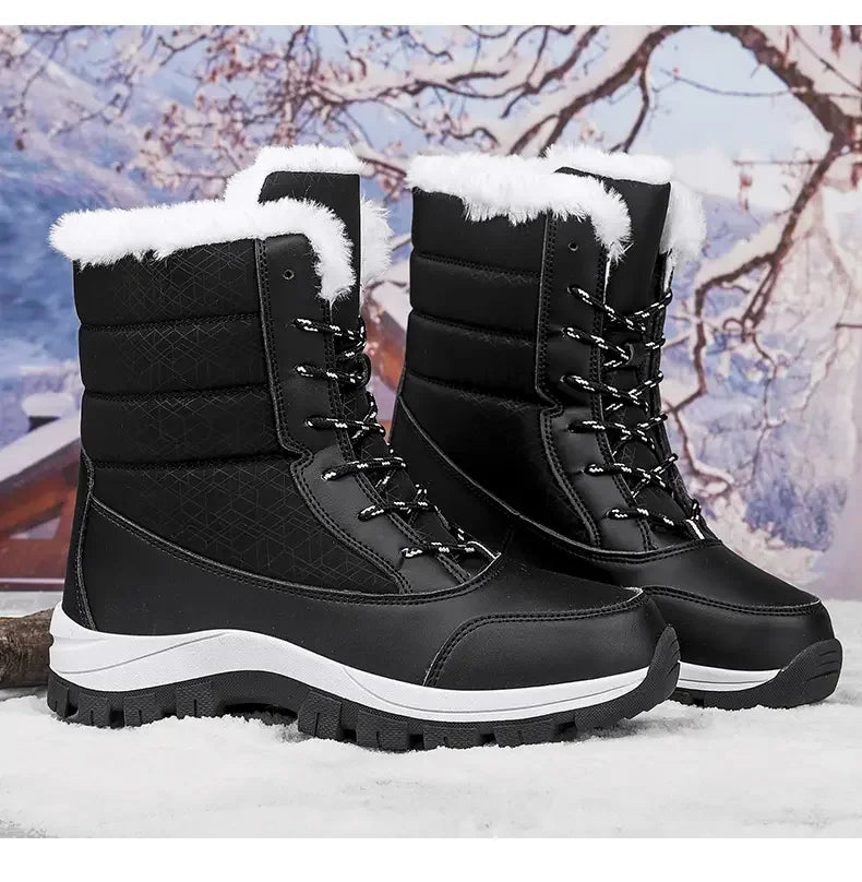 2025 Winter Women's Waterproof High Heel Boots Strap Up Flat Heel Boots Warm Snow Shoes, Plush Outdoor Fashion Casual Boots