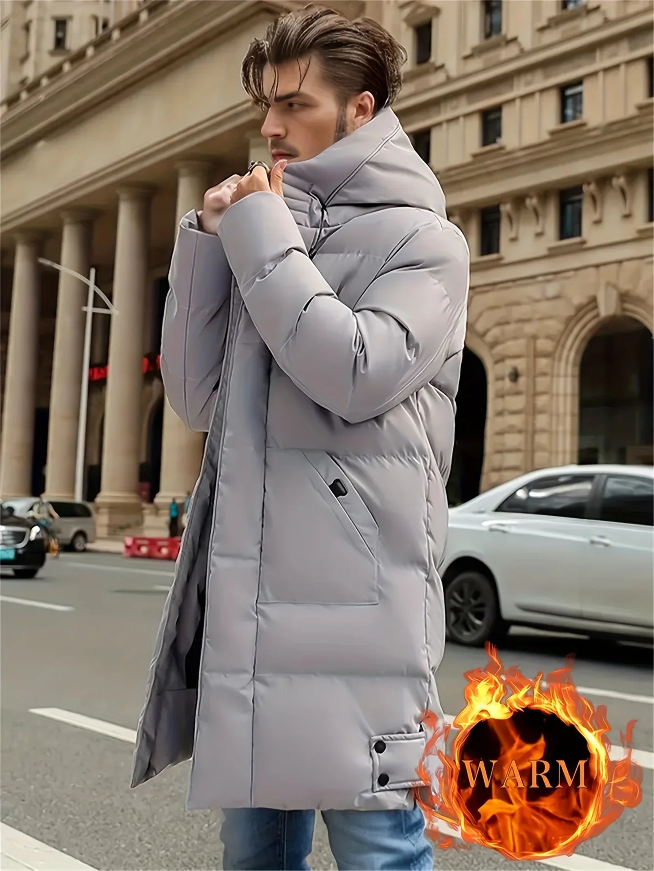 Men's Winter Jacket Hooded Full-Zip -Padded - Windproof Coat with Full-Length Zipper- Cold Weather Outdoor Clothing for Skiing