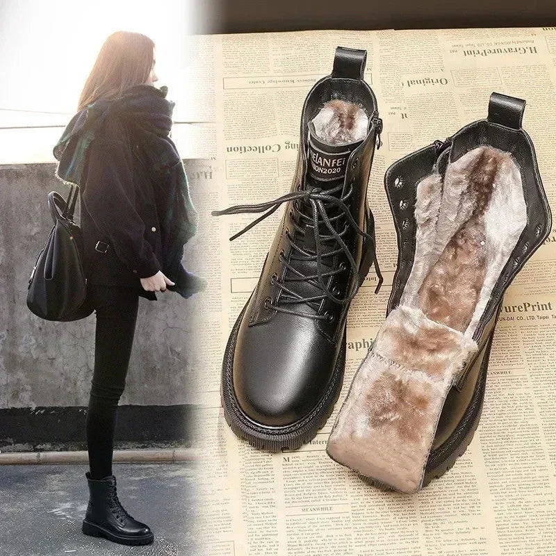 Waterproof Winter Snow Boots Women 2025 Plus Velvet Thick Cotton Women Shoes Black Leather Warm Platform Women's Ankle Boots