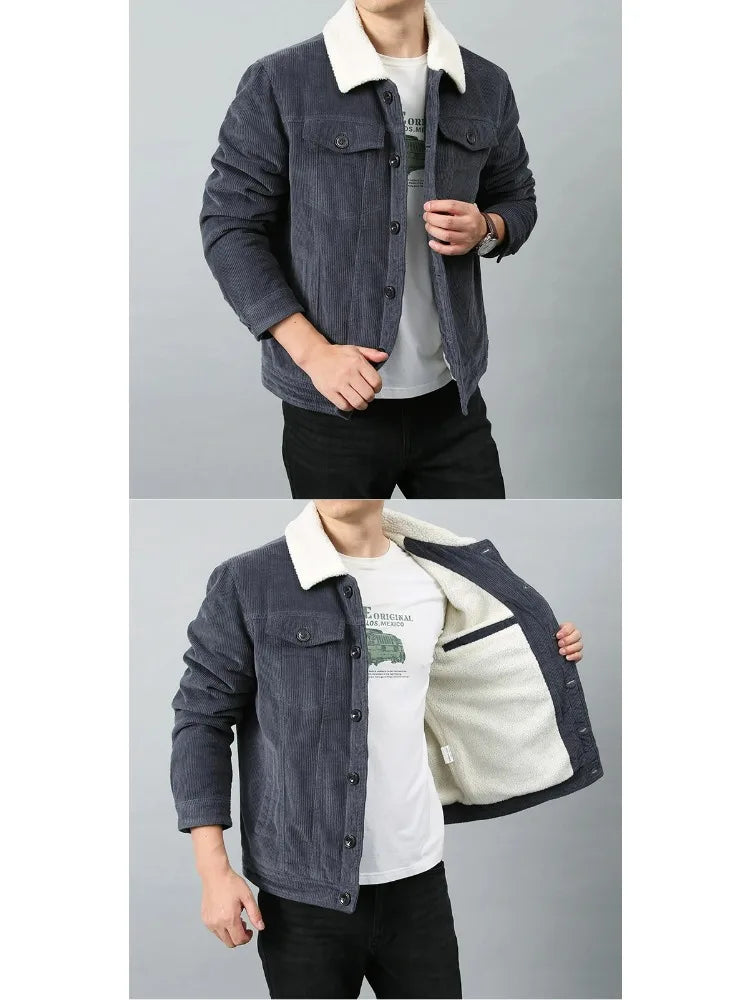 Male Cotton Jackets Padded Warm Loose Parka Coat Corduroy Short Jacket Man Solid Fur Collar Windbreaker Winter Men Fleece Jacket