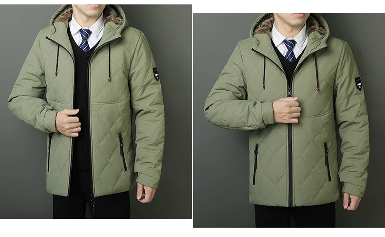 Winter Hooded Jacket Men Windproof Warm Business Casual Men Coats Blazers for Men Formal Social Jacket Solid Color Thick Coat