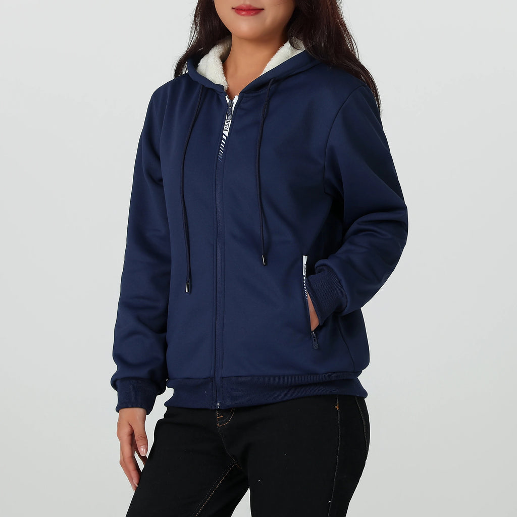 A Winter Women's Jacket, Fleece-Lined and Thickened for Warmth, Loose Casual Women's Outerwear, Polyester Fabric, Zip-Up Front, Side Zipper Pockets, Solid Color Hooded Jacket, Hidden Large Pockets Inside