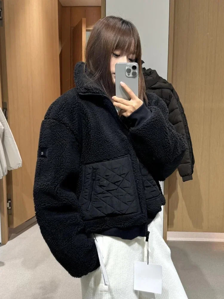 White Winter Jacket Women Lamb Fleece Zipper High Waist Short Jacket Fashion Thickened Stand Collar Black Jackets for Women