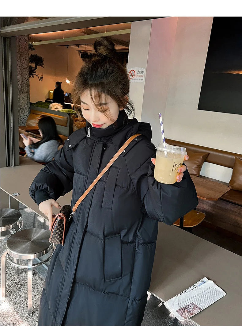 Vielleicht 2025 Korean Jacket Women Winter X-long Parkas Solid Hooded Thicken Warm Female Snow Wear Coat Padded Loose Clothes