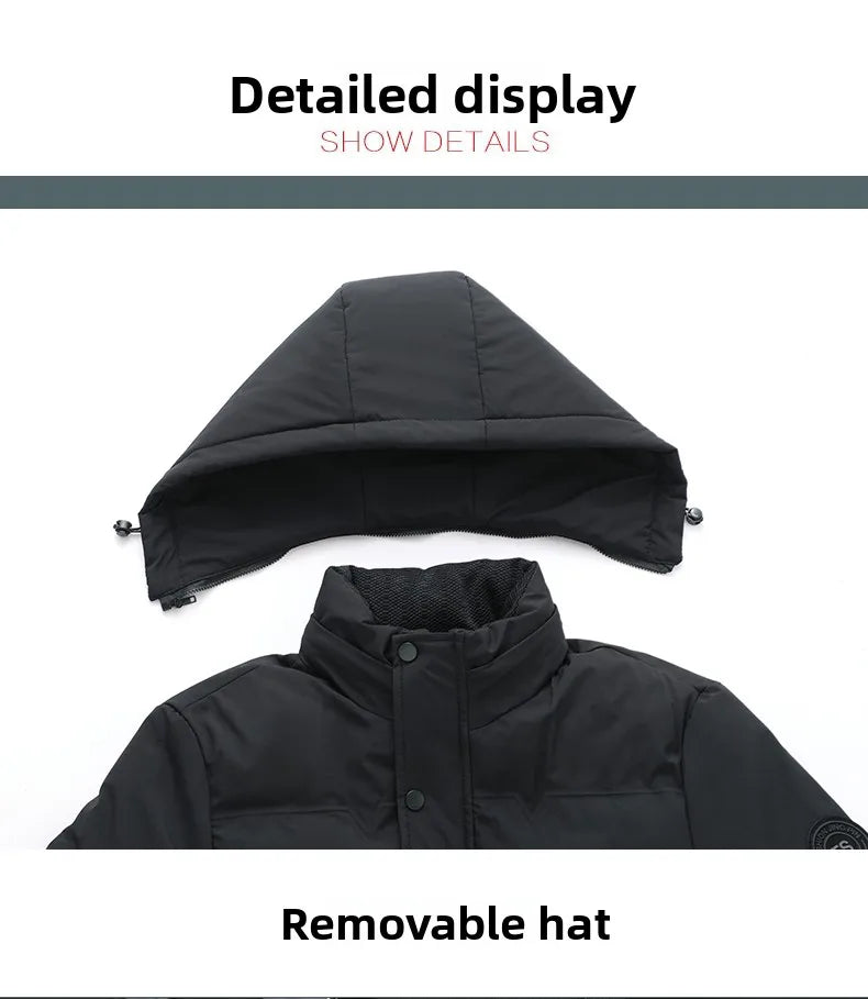 Men's Autumn Winter Quilted Parka Jacket with Thickened Lining – Hooded Standing Collar Windbreaker Coat for Middle-Aged Warmth