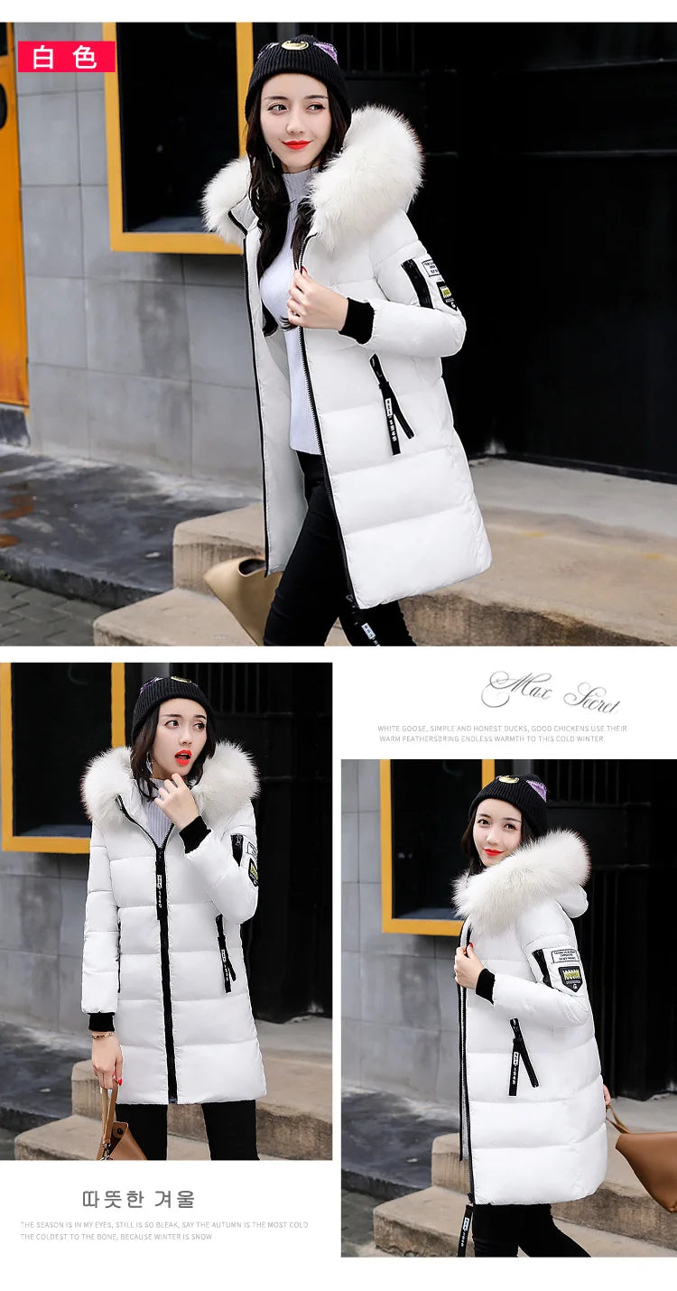 Women Parkas Hooded Long Sleeve Fur Collar Solid Thick Midi Parka Zipper Pockets Casual Warm Coat Outerwear Winter 2024