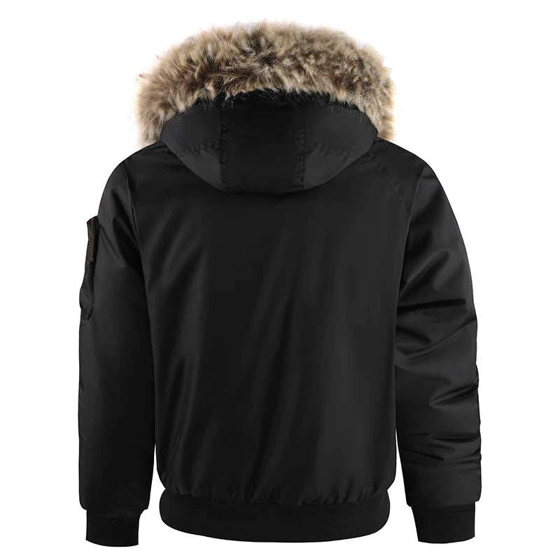 Winter Men's Black Padded Jacket Removable Hood Durable Windproof Fabric Embroidery Decorative Side Pockets Sleeve Zipper