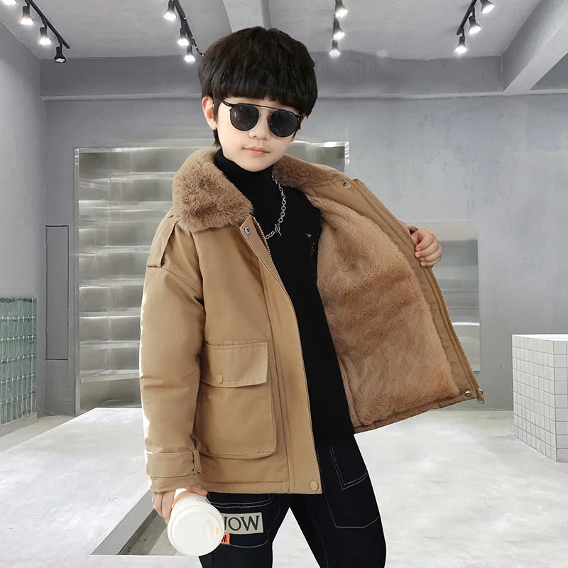 Winter Boys Insulated Jacket Child Khaki Color Retro Plus Thicken Coat Warm Outerwear High Quality Clothes Kids Windbreaker Coat