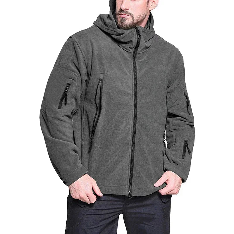 Winter Hunting Fleece Jacket Men Warm Polar Outdoor Hoodie Jacket Multi-Pocket Casual Full Zip Sport Hiking Coat