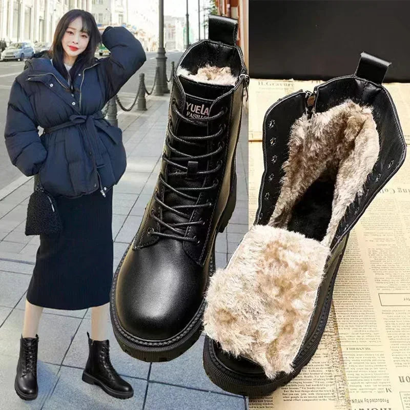 Waterproof Winter Snow Boots Women 2025 Plus Velvet Thick Cotton Women Shoes Black Leather Warm Platform Women's Ankle Boots