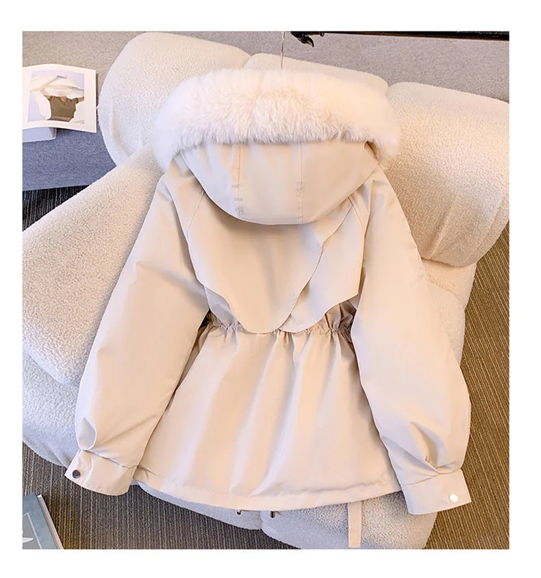 Fleece Lined Hood Down Jacket Winter Coat for Women Warm Drawstring Padded Parkas Korean Casual Streetwear Female Puffer Outwear