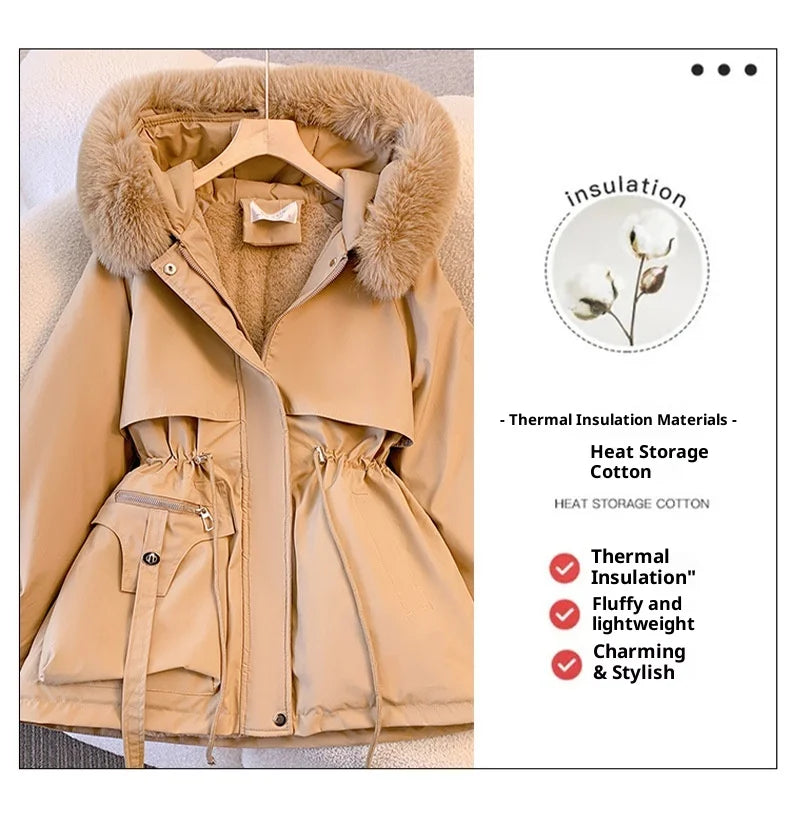 Fleece Lined Hood Down Jacket Winter Coat for Women Warm Drawstring Padded Parkas Korean Casual Streetwear Female Puffer Outwear