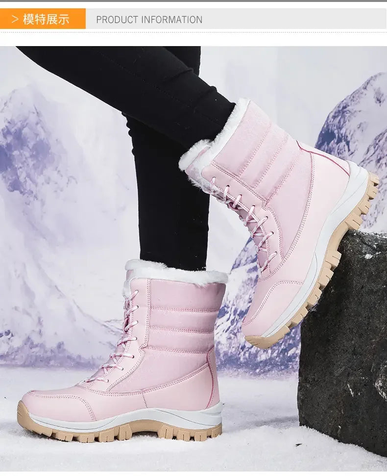 2025 Winter Women's Waterproof High Heel Boots Strap Up Flat Heel Boots Warm Snow Shoes, Plush Outdoor Fashion Casual Boots