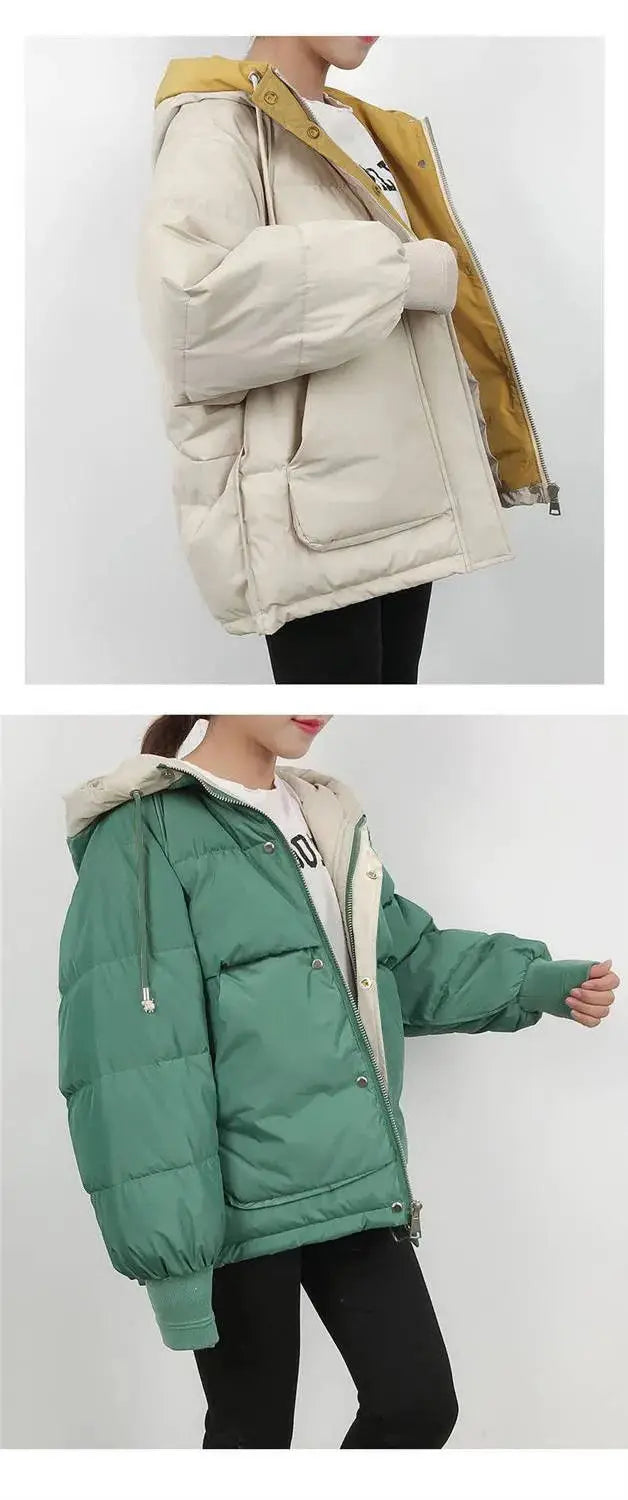 2024 Winter Korean Warm Female Puffer Coat Pocket Solid Parkas Padding Long Sleeve Thick New in Outerwears Hooded Women's Jacket