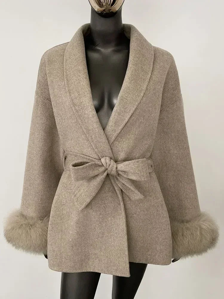 2024 New Winter Jacket for Women Natural Fox Fur Collar Thickened Warm Cashmere Wool Double-sided Coat Fashion V-neck Commuting